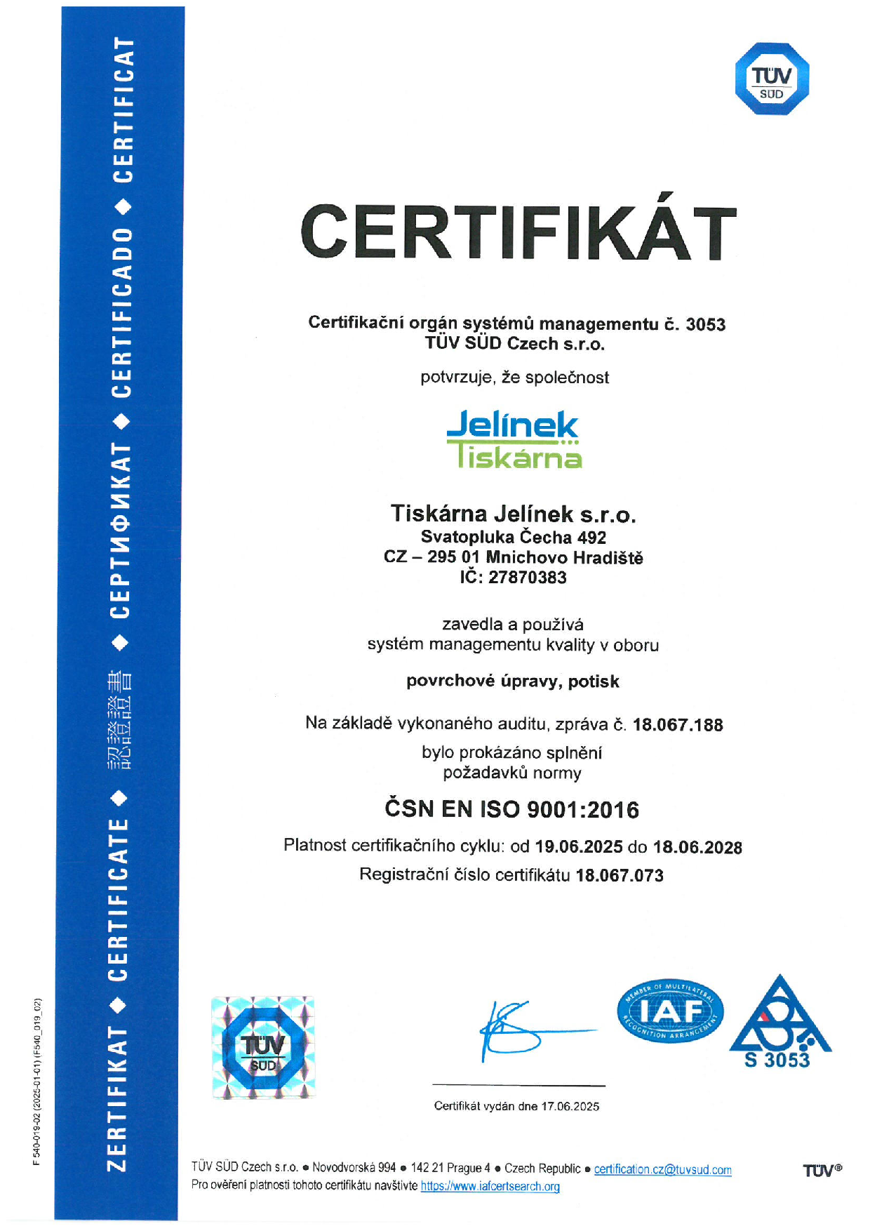 ISO 9001 Certifikát CZ